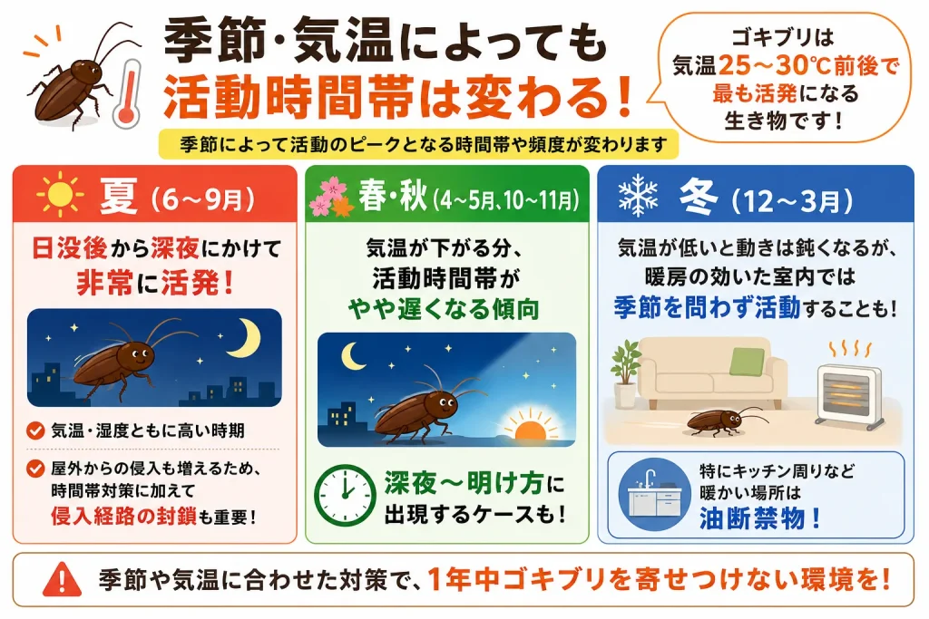 季節別ゴキブリ活動時間ガイドの図解