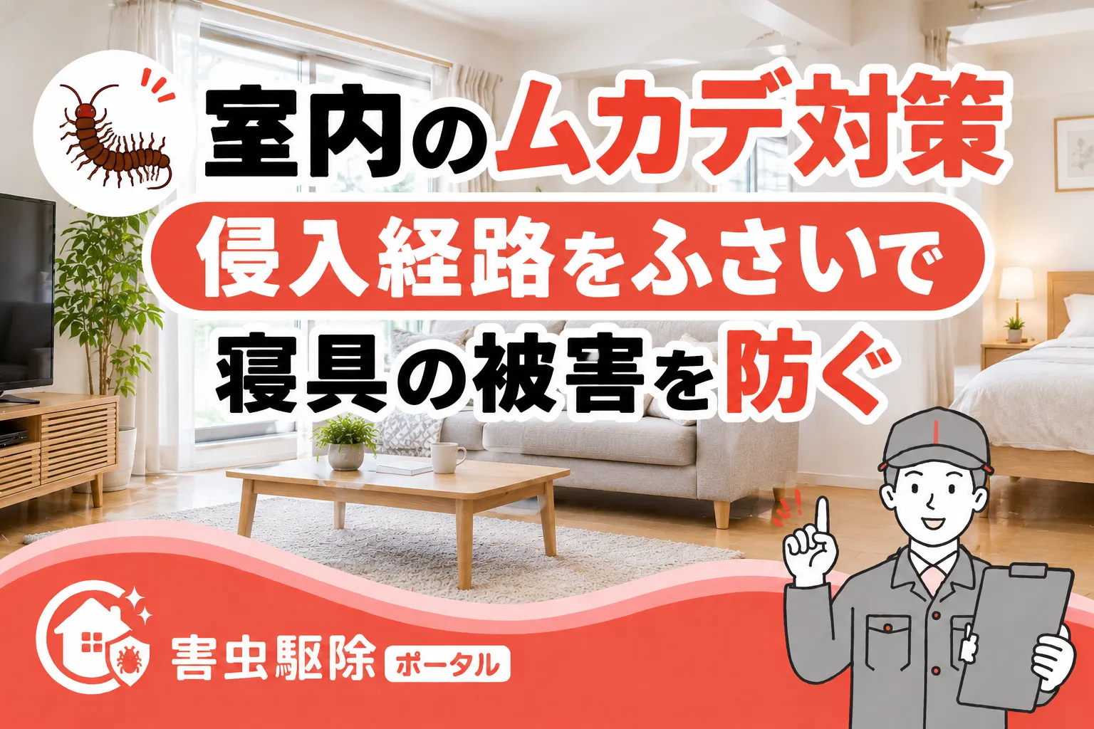 室内のムカデ対策｜侵入経路をふさいで寝具の被害を防ぐのサムネイル