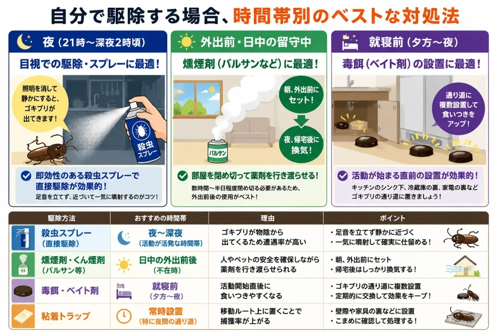 ゴキブリを自分で駆除する場合、時間帯別のベストな対処法の図解