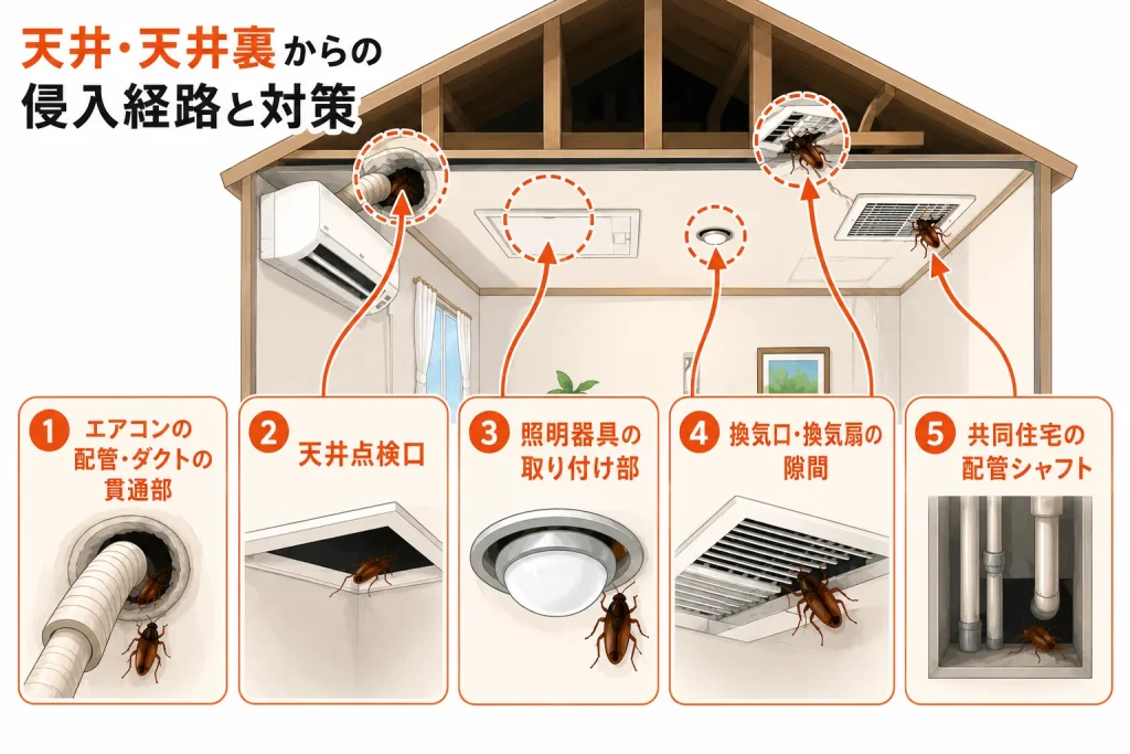 天井からのゴキブリの侵入経路