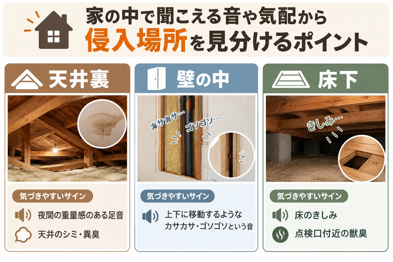 家の中で聞こえる音や気配から侵入場所を見分けるポイントの図解
