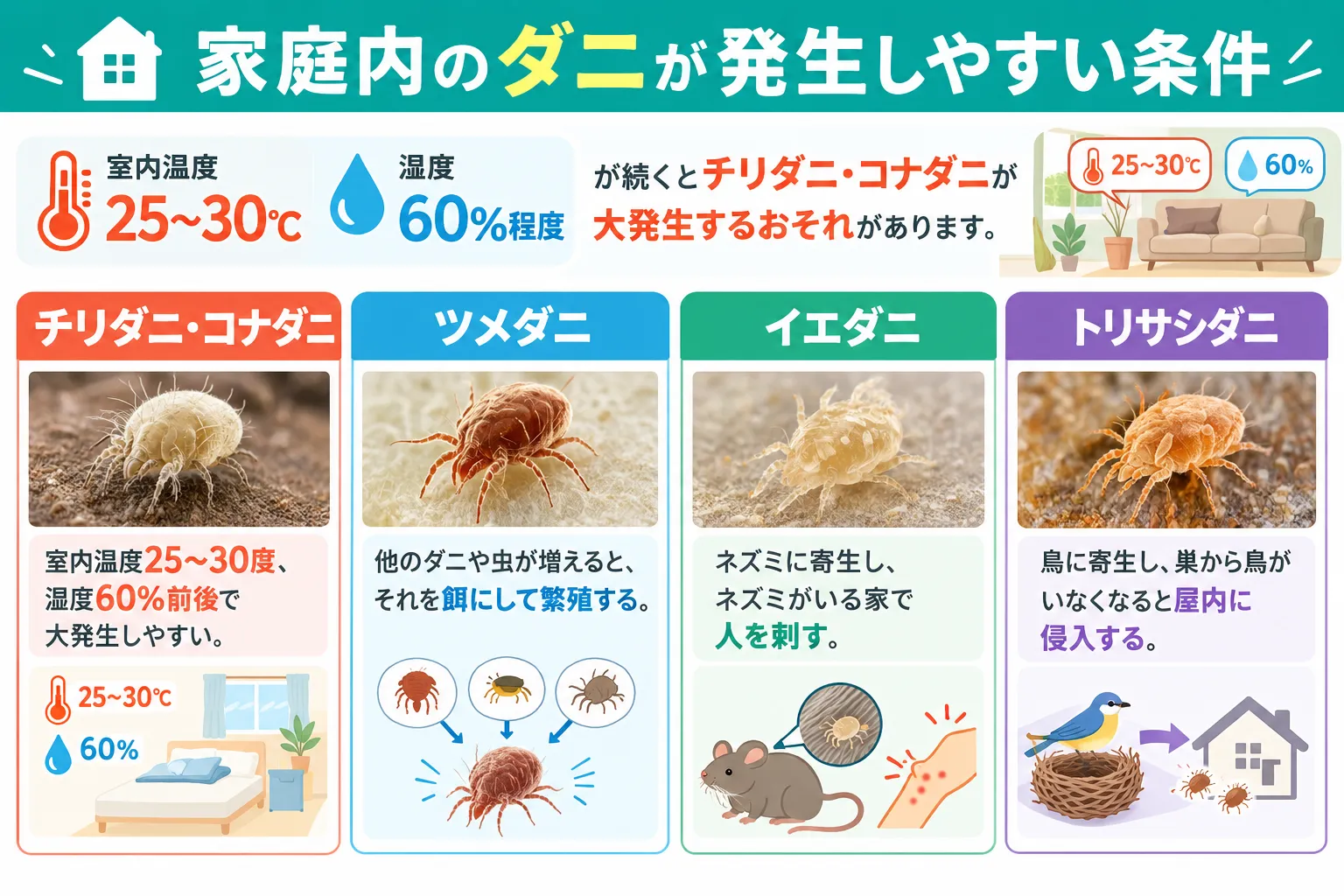 家庭内のダニが発生しやすい条件の図解