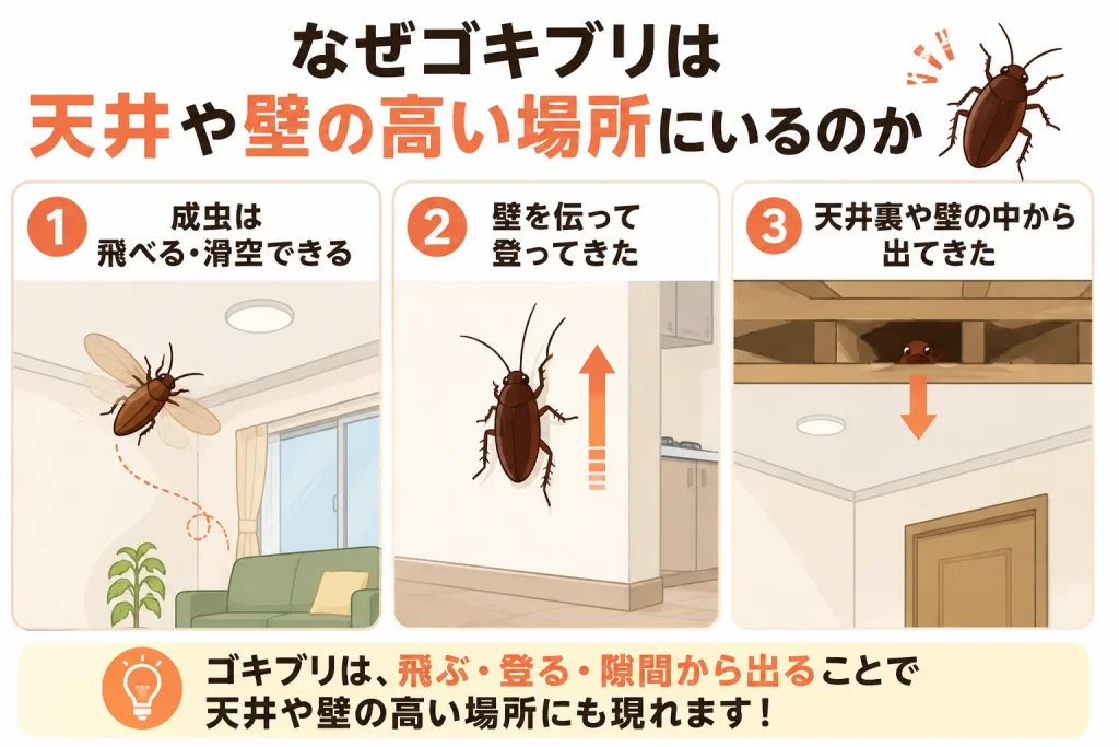 ゴキブリが天井にいる理由の図解