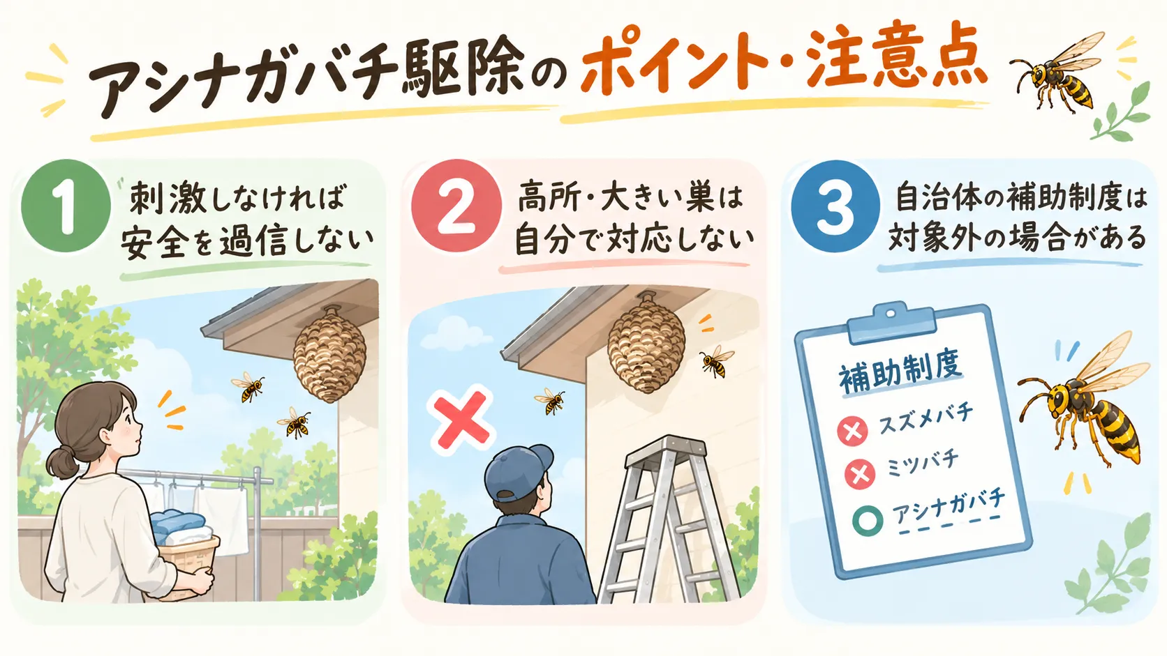 アシナガバチの巣を見つけたら?生態・危険性・駆除の注意点まとめの図解