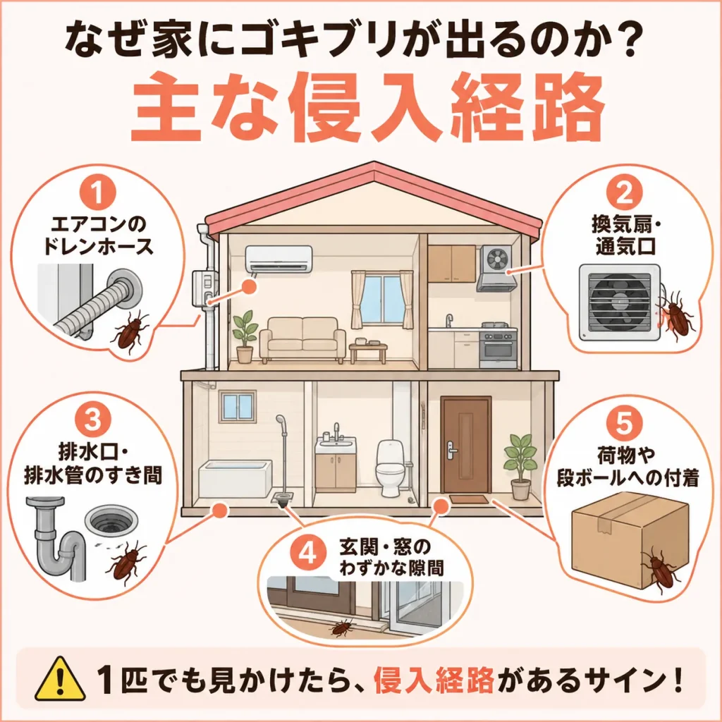 ゴキブリの主な侵入経路の図解