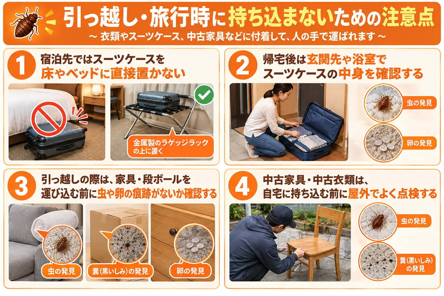 トコジラミを引越し時に持ち込まない注意点の図解