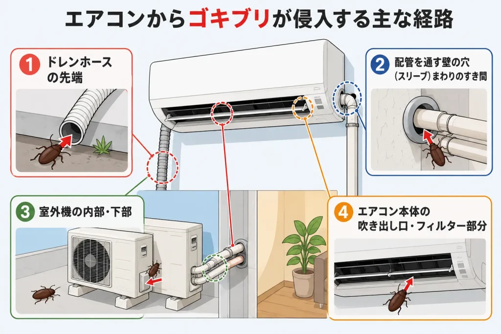 エアコンからゴキブリが侵入する経路