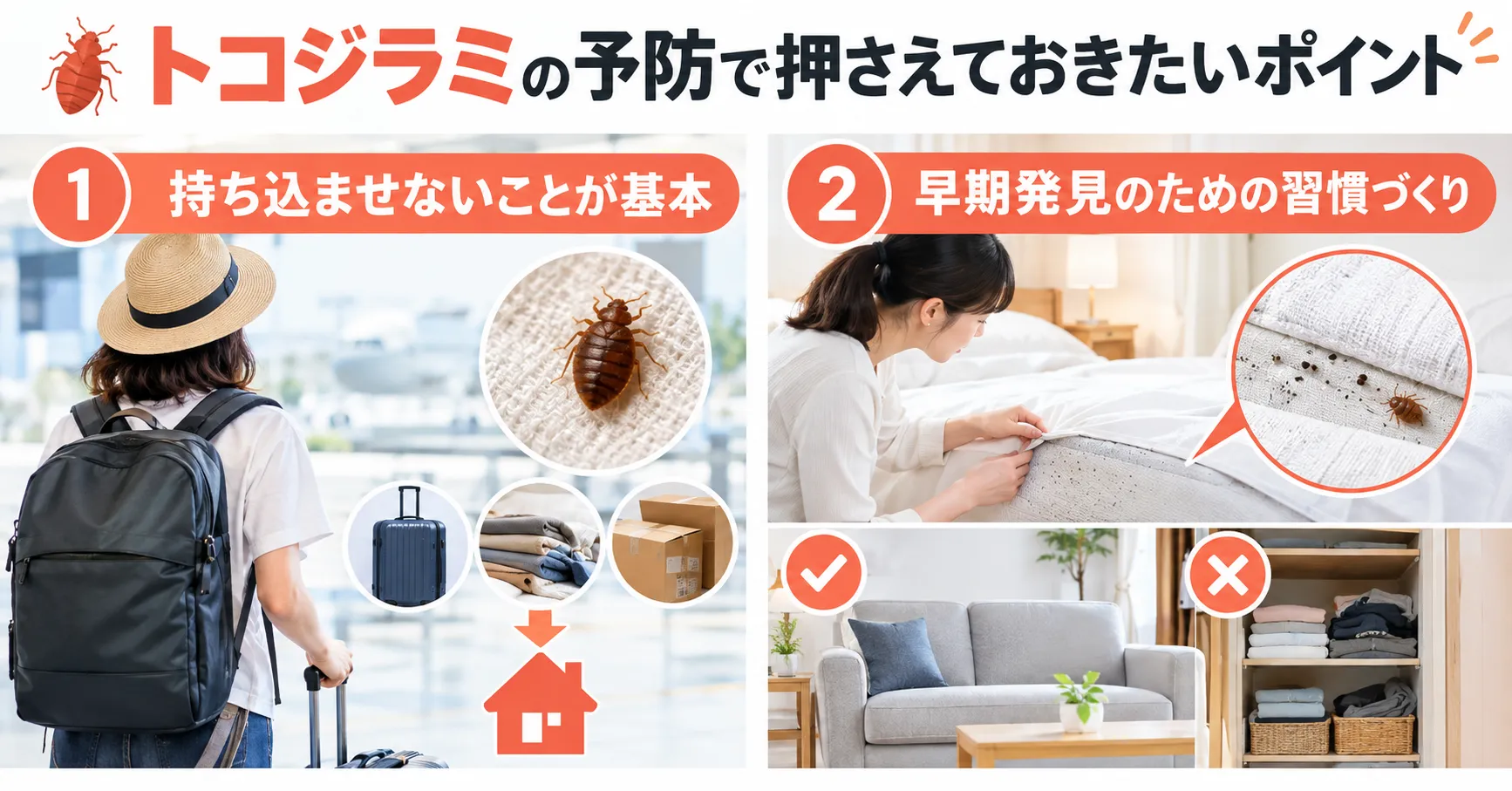 トコジラミの予防ポイントの図解
