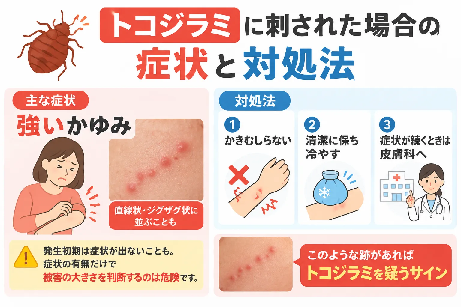 トコジラミに刺された時の症状と対処法の図解