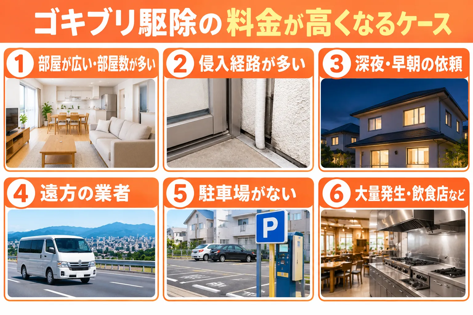 ゴキブリ駆除料金が高くなるケースの図解