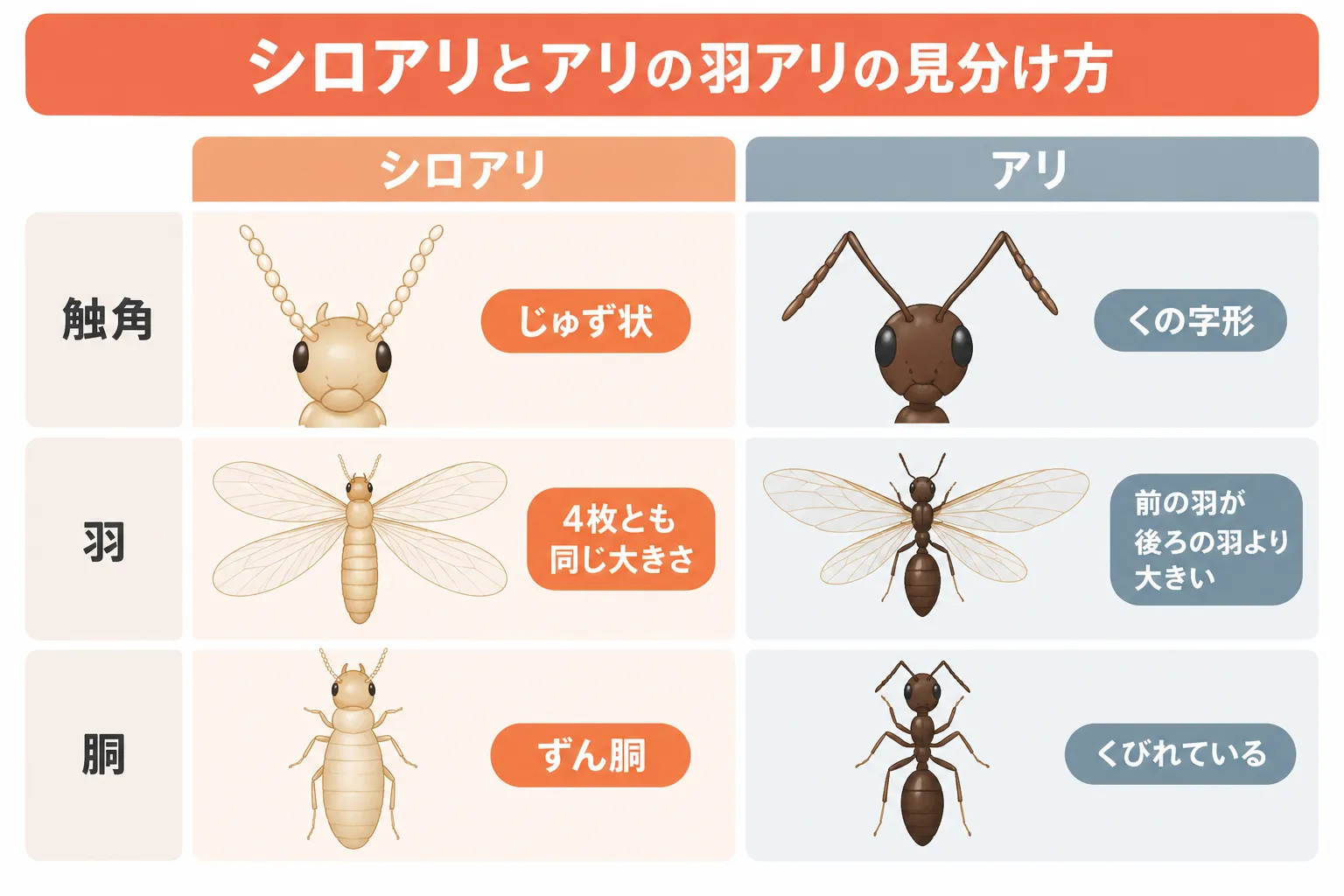 シロアリとアリの羽アリ比較図