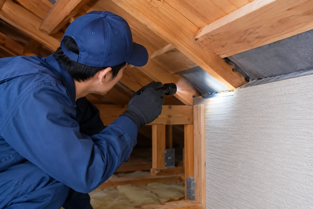 屋根と壁の継ぎ目を点検する作業員