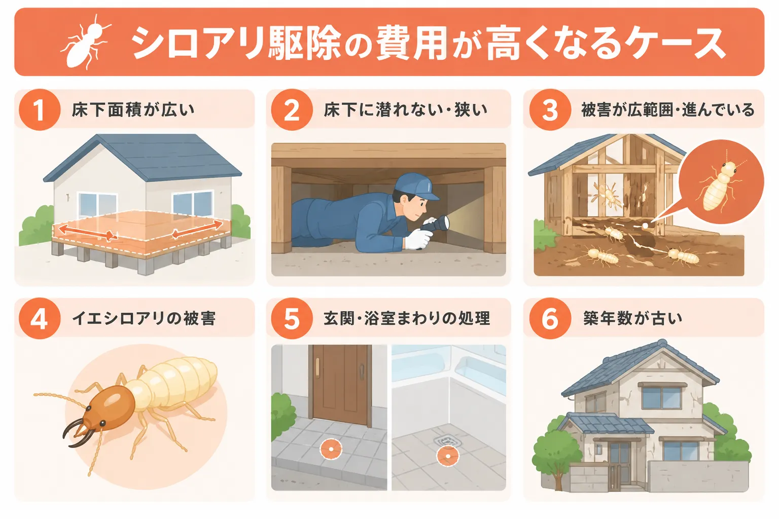 シロアリ駆除費用が高くなるケースの図解